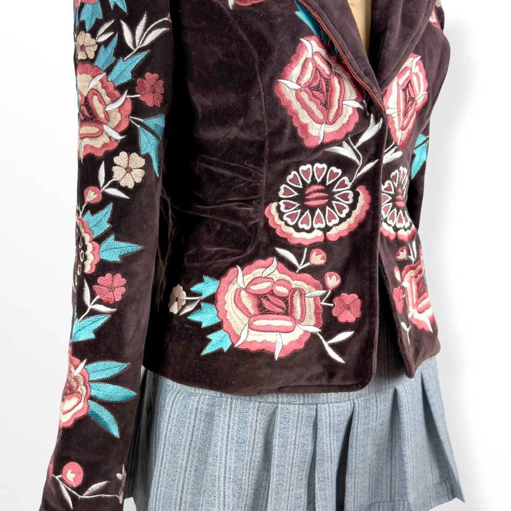 Vtg Cache Floral Embroidered Brown Velvet Fitted Blazer Jacket Sz 4 Y2K Western - Picture 5 of 12